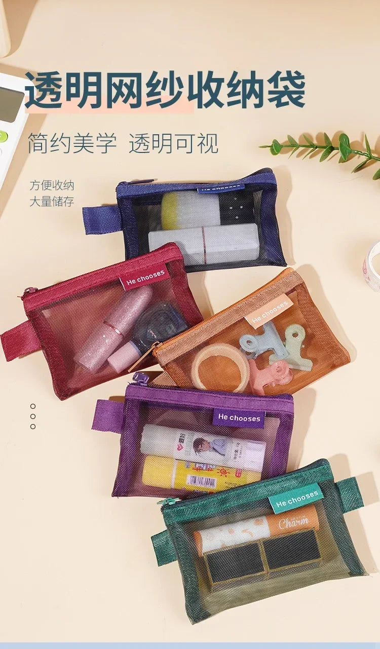 Small Square Solid Color Coin Bag Nylon Mesh Lipstick Key Earphone Organizer Holder Bus Bank ID Credit Cards Pouch Case Storage