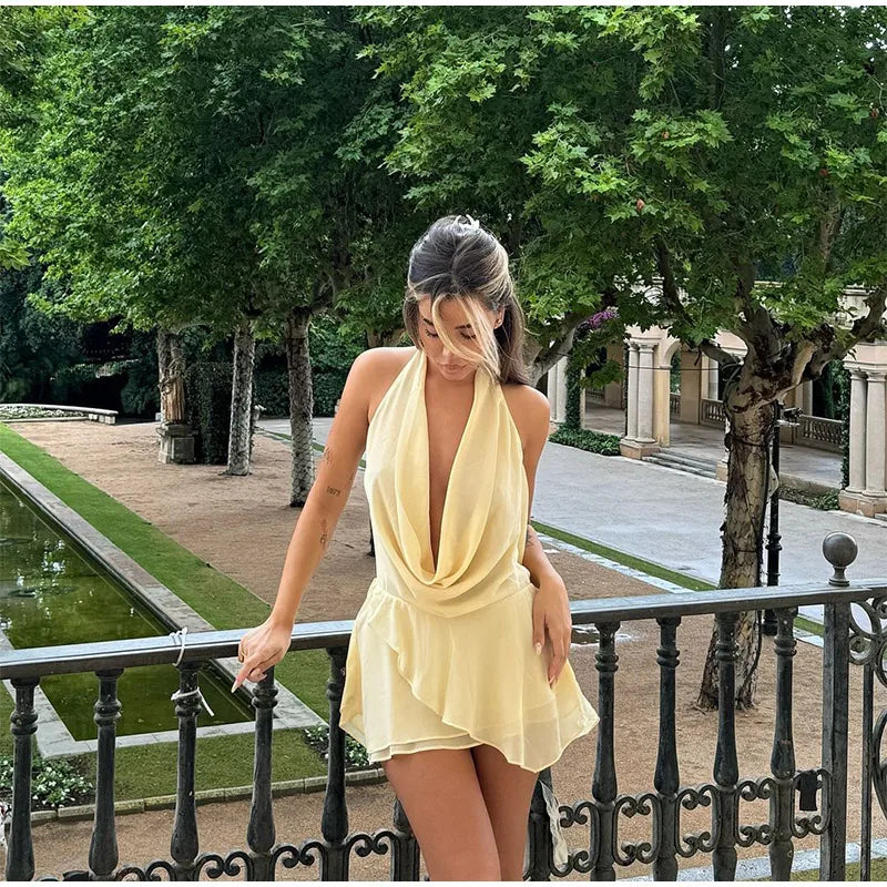 Fashion Solid Women 2 Piece Set Casual Flare Sleeve Lotus Leaf Edge Lace Up Mesh Sheer Shorts Suit 2025 New Lady Commute Outfit