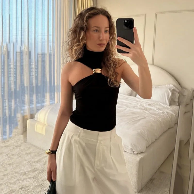 Trendix Fashion Metal Ring Tank Top Women 2025 Summer Y2k Solid Sleeveless Patchwork Tops Ladies Vacation Slim Party Elegant Top