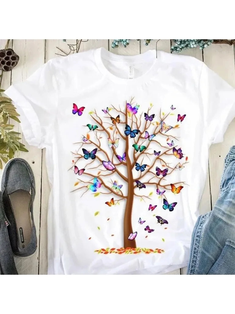 Butterfly Tree Print Harajuku Women's T-Shirt