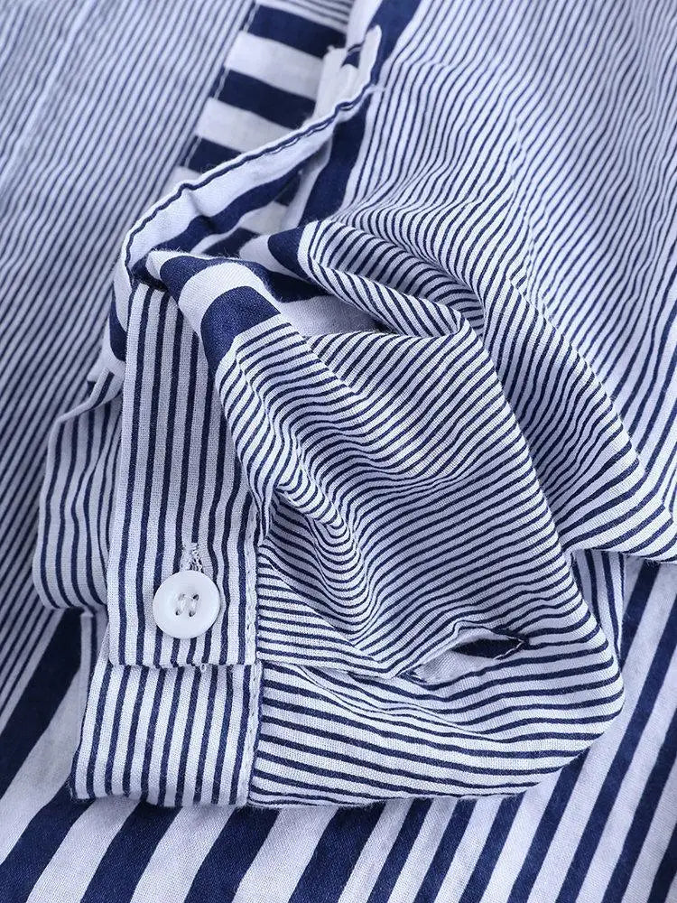 Women's Spring Fall Cotton Linen Long Sleeves Roll Up Striped Casual V Neck Button Down Shirts Blouses Collar Tunic Tops