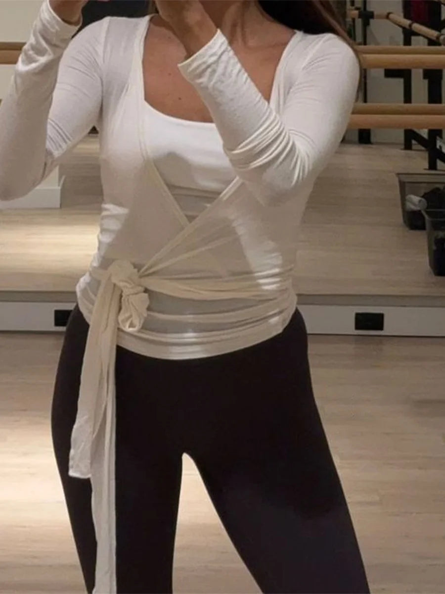 Women's Yoga Shirts Wrap Ruched Tie Front Long Sleeve Workout T Shirts Sexy Deep V Neck Slim Fit Casual Cropped Top