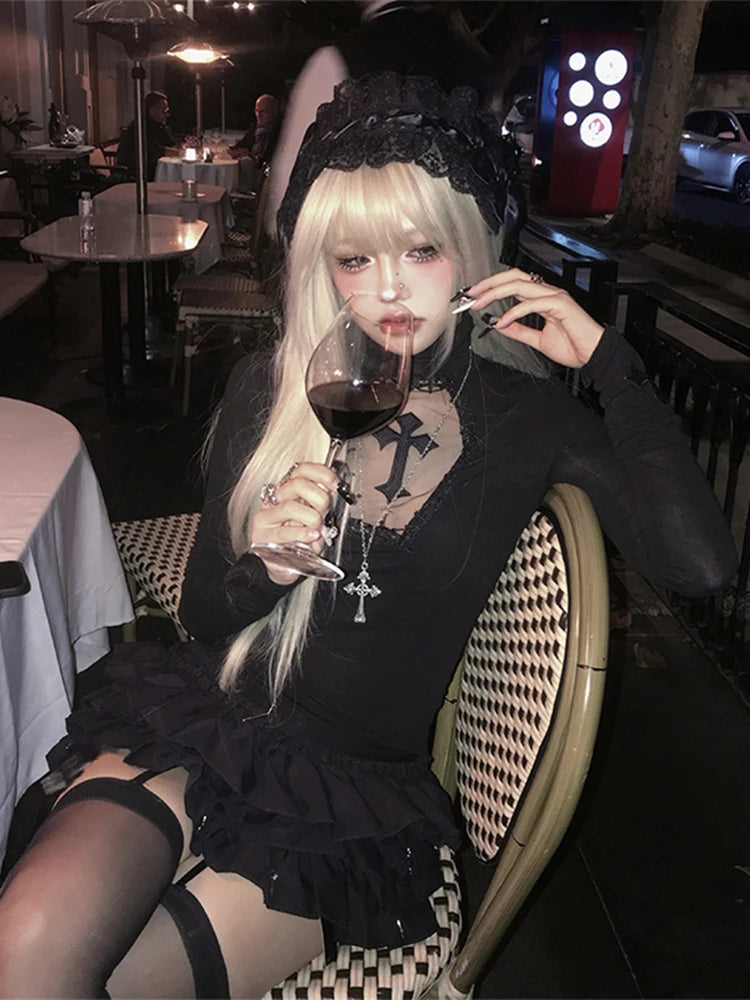 Turtleneck Top Y2k Clothes Black Gothic Cross Hollow Slimming Bottom T Shirt for Women Long Sleeve Sexy T-shirt Girls Tops