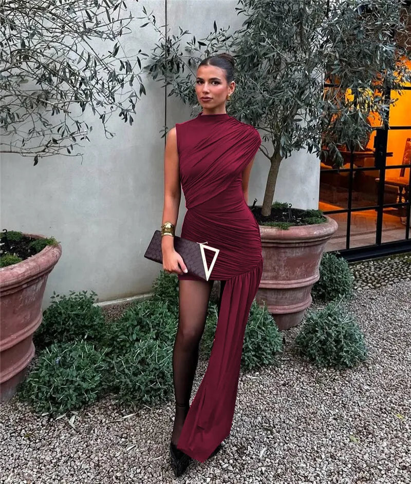 Balitops Summer Draped Ruched Sexy Mini Dress Women 2025 New Irregular High Waist Slim Fit Dress Female Elegant Club Tank Dress