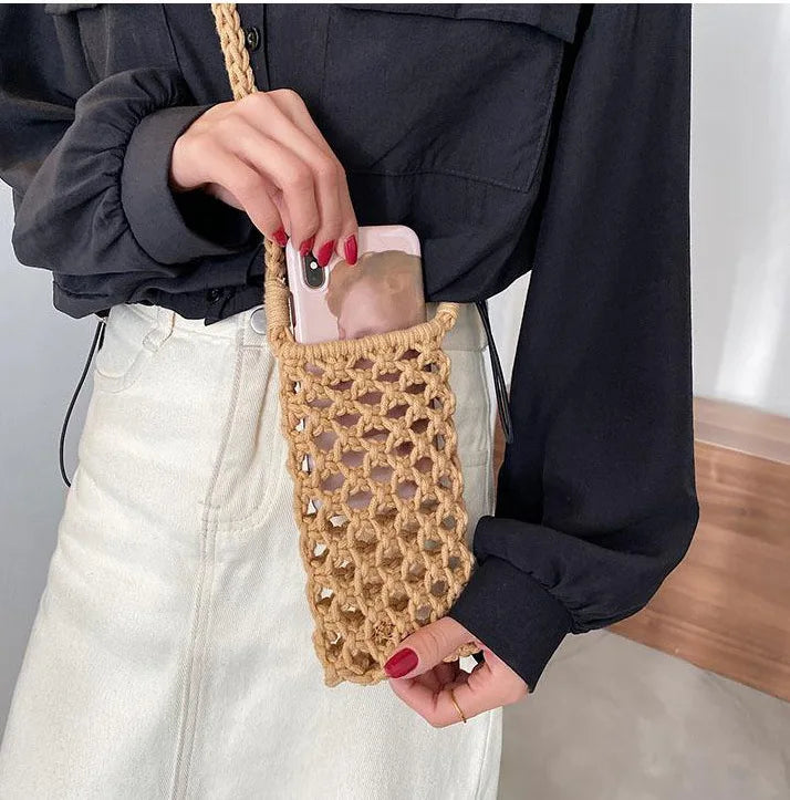 Women Fashion Small Crossbody Phone Bag Solid Color Hollow-out Woven Crochet Lightweight Braided Shoulder Handbag Crossbody Bags