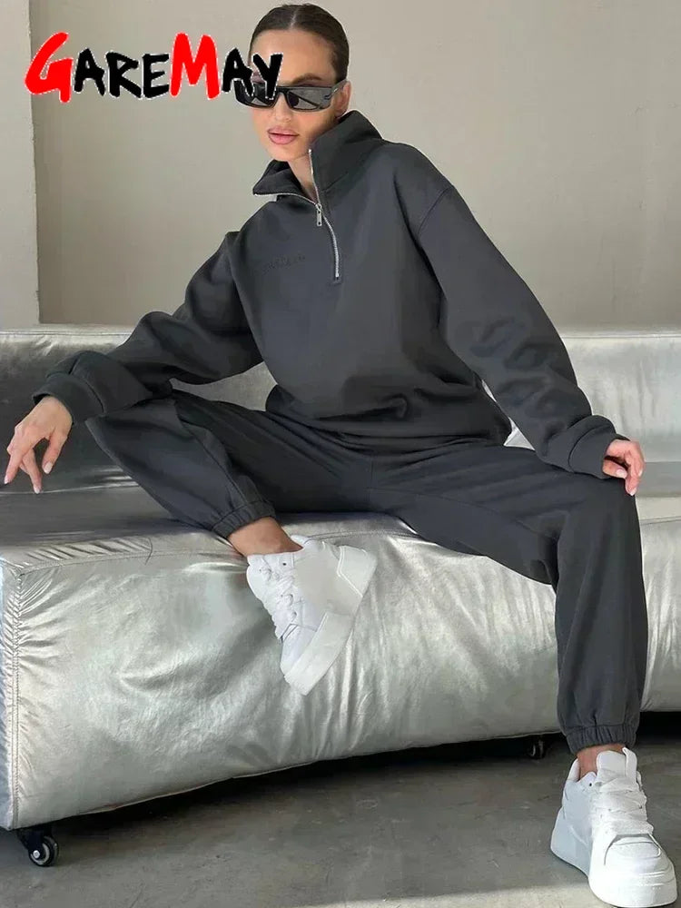 Autumn Women's Tracksuit with Zipper Cotton Oversize White Casual Two Piece Set Women Classic Sports Trouser Suits for Women
