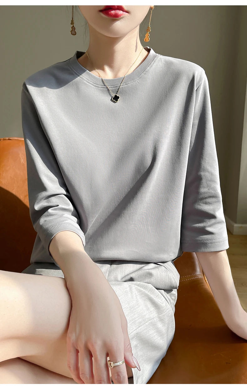 Spring And Summer New White Mercerized Cotton Short Sleeve T-Shirt Feminine Joker Cotton Cropped Sleeve Bottoming Shirt