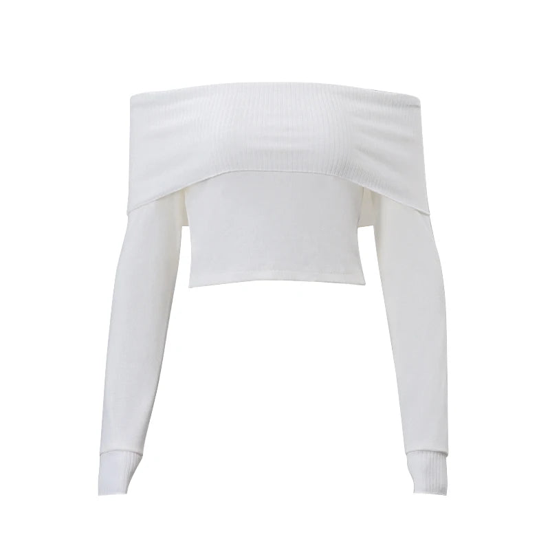 WhereMery Elegant Off Shoulder Ribbed Crop Tops Summer Fashion Casual Solid Skinny Long Sleeve Women's Gentle Y2K Tight T-shirts