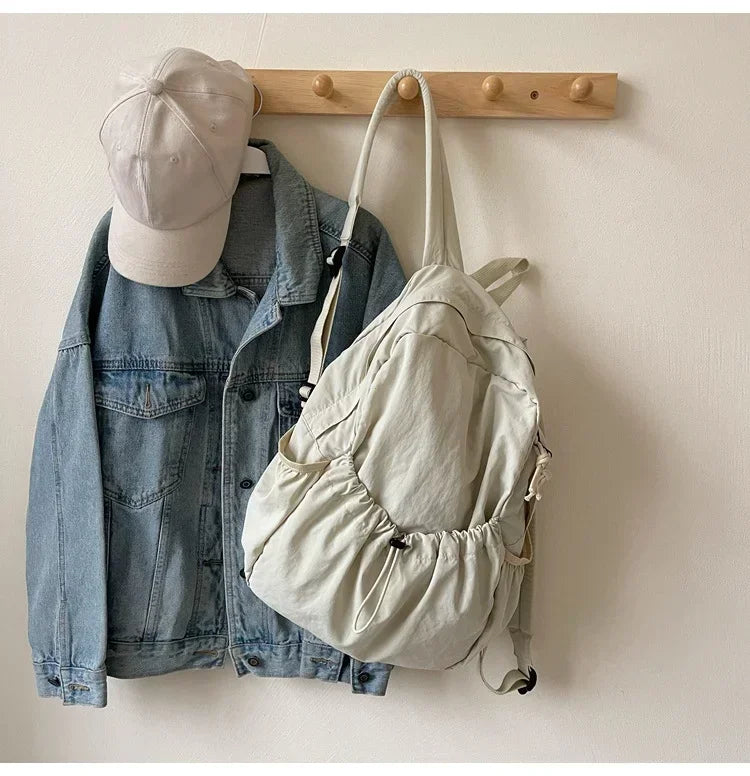 Casual Backpack Women Large Capacity Fashion Junior High School Student Pleat Schoolbag Cloth Bag Korean Travel Backpack