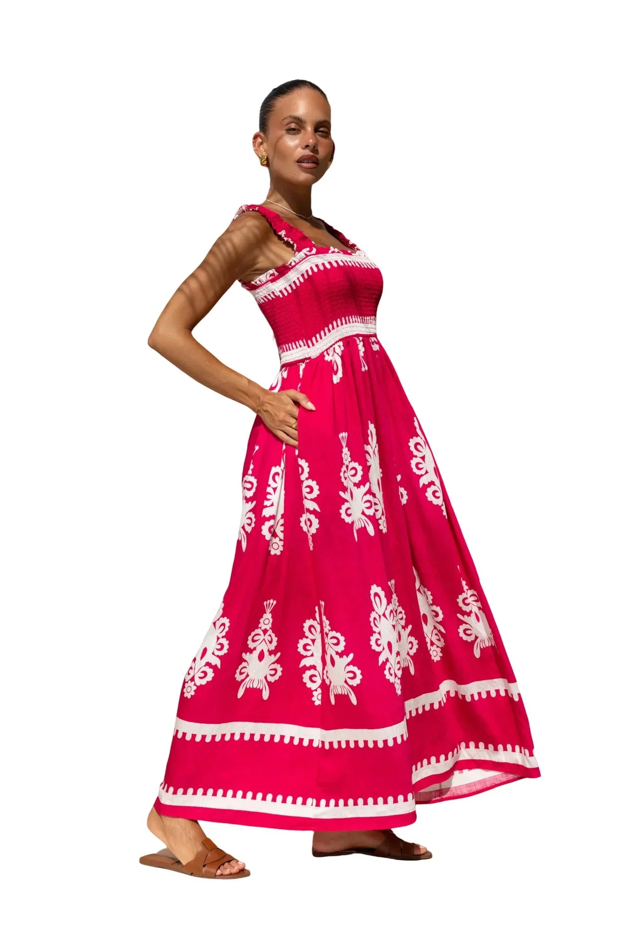 2025 Summer Fashion New Women's Bohemian Style Dress Beach Vacation Printed Strap Fold A-line Length Dress