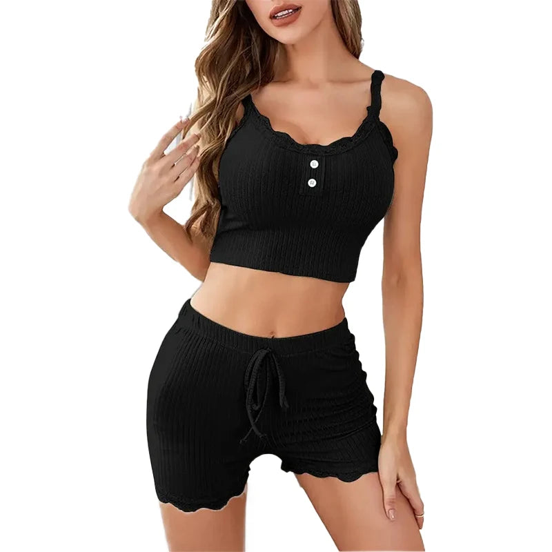 Women's Ribbed Knitted Two-Piece Pajama with Exposed Navel Lace Camisole Vest and Shorts Pajama Set for Casual Home Use