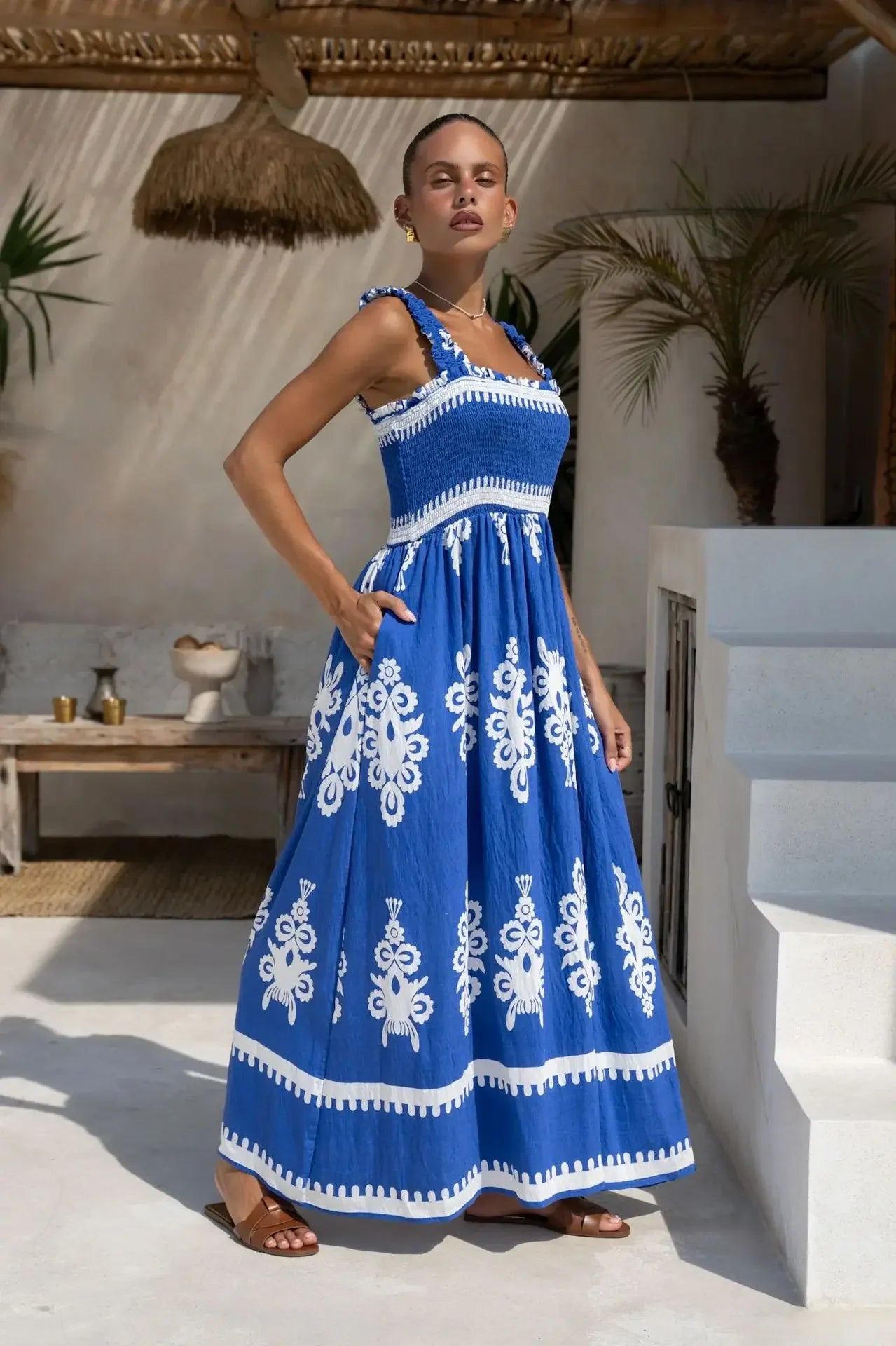 2025 Summer Fashion New Women's Bohemian Style Dress Beach Vacation Printed Strap Fold A-line Length Dress