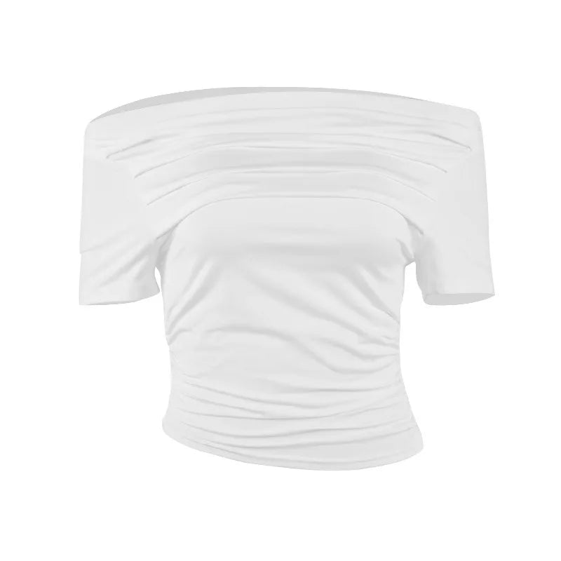 Summer New T-shirt Women Sexy Short Sleeve Fashion Tees Slash Neck Folds Crop Top Casual Streetwear Bodycon Solid Basic T-shirts