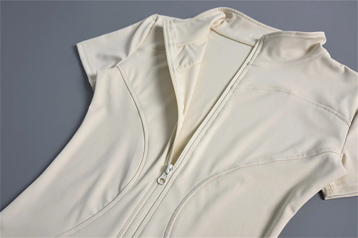 Women Summer Slim Yoga Tops Stand Collar Full Zipper Short Sleeves Shirts Solid Workout Clothes Gym Running Coats Lady Casual