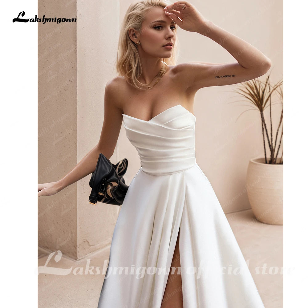 Lakshmigown Strapless Satin Wedding Dresses with Slit 2025 New Bridal Gowns Robe Sweep Train Sexy Vestidos De Novia Customized
