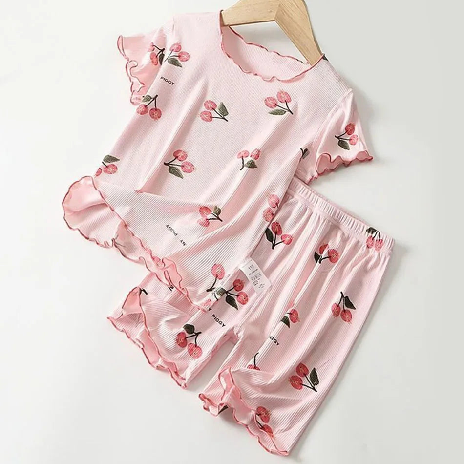 Girls Summer Pajama Set Cherry Blossom Print 4-Way Stretch Shorts & Tee Breathable Modal Blend for Bedtime and Playtime for 1-8Y