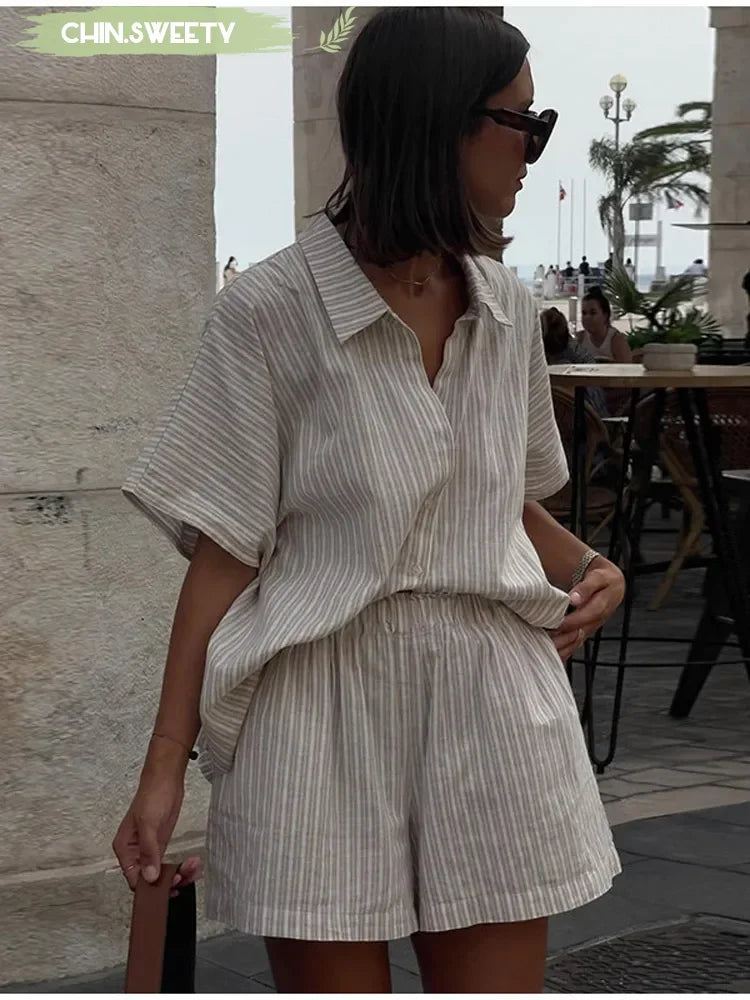 Women Fashion Stripe Print Lace-up Shorts Set Oversized Lapel Short Sleeve Single Breasted Shirts Suit Lady Casual Street Outfit