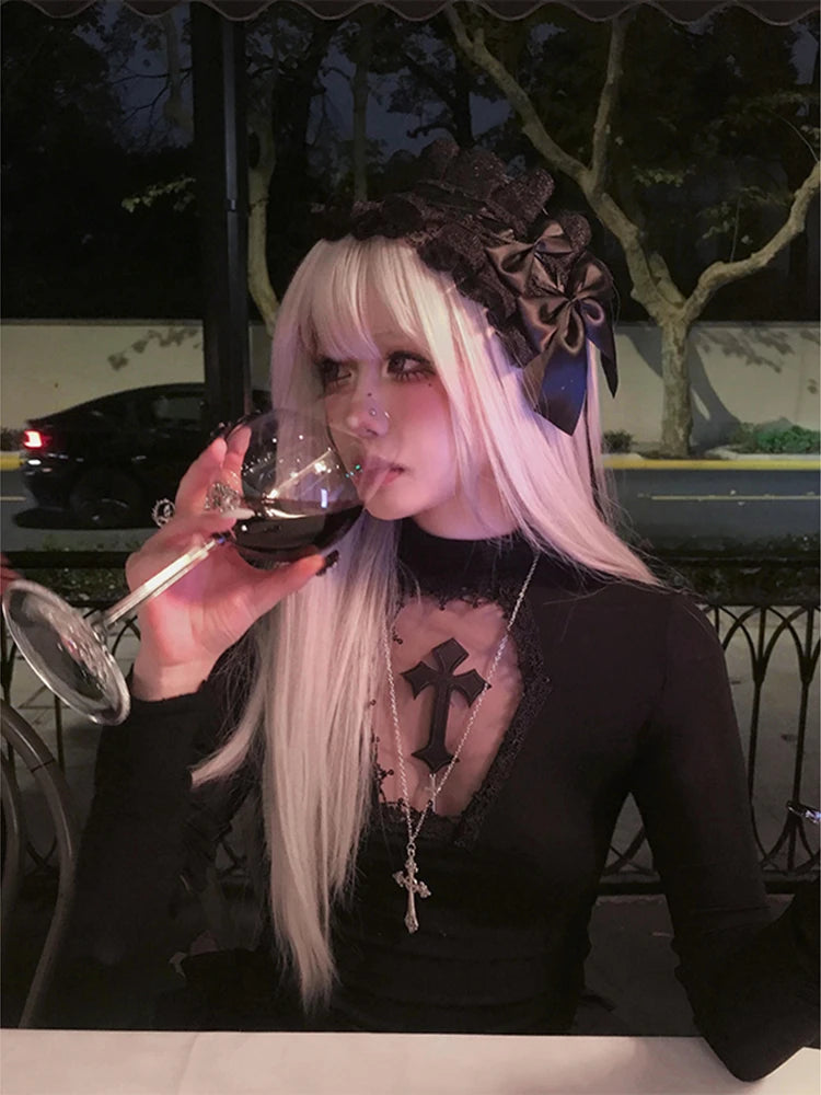 Turtleneck Top Y2k Clothes Black Gothic Cross Hollow Slimming Bottom T Shirt for Women Long Sleeve Sexy T-shirt Girls Tops