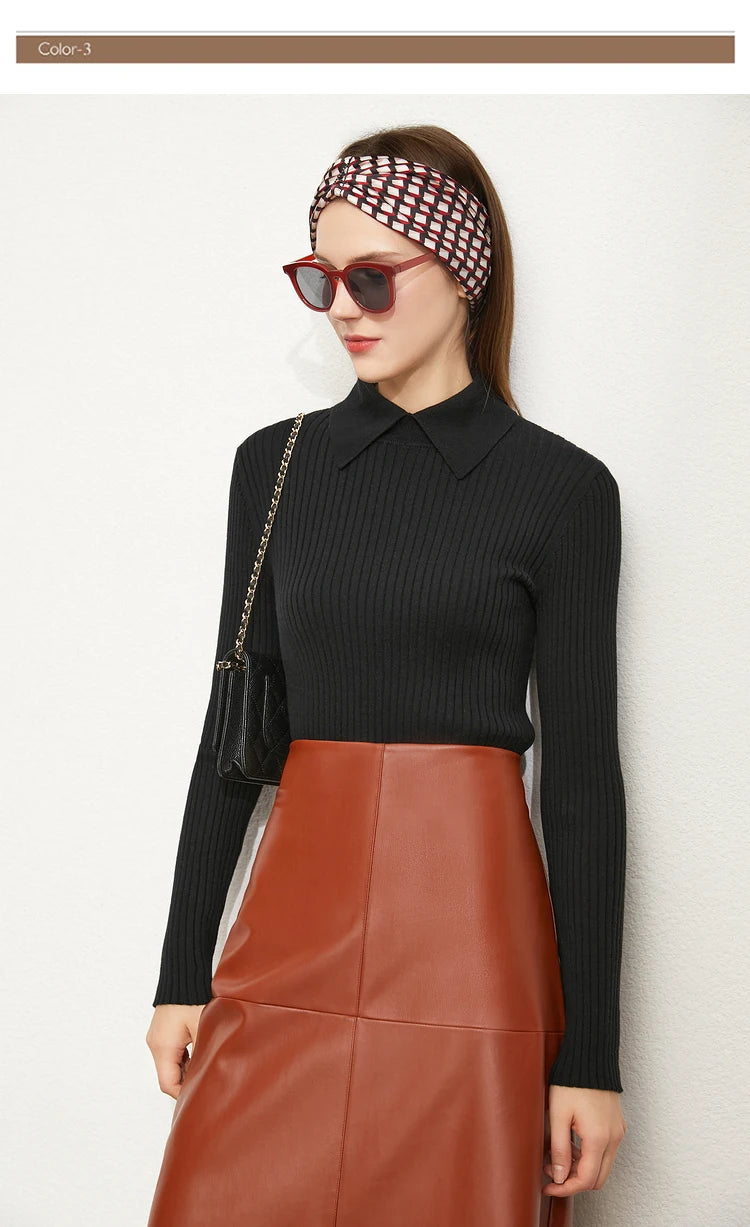 Amii Minimalism 2024 Sweater for Women Autumn New Office Lady Basic Lapel Striped Slim Knitted Tops Solid Trendy Blouse 12444058