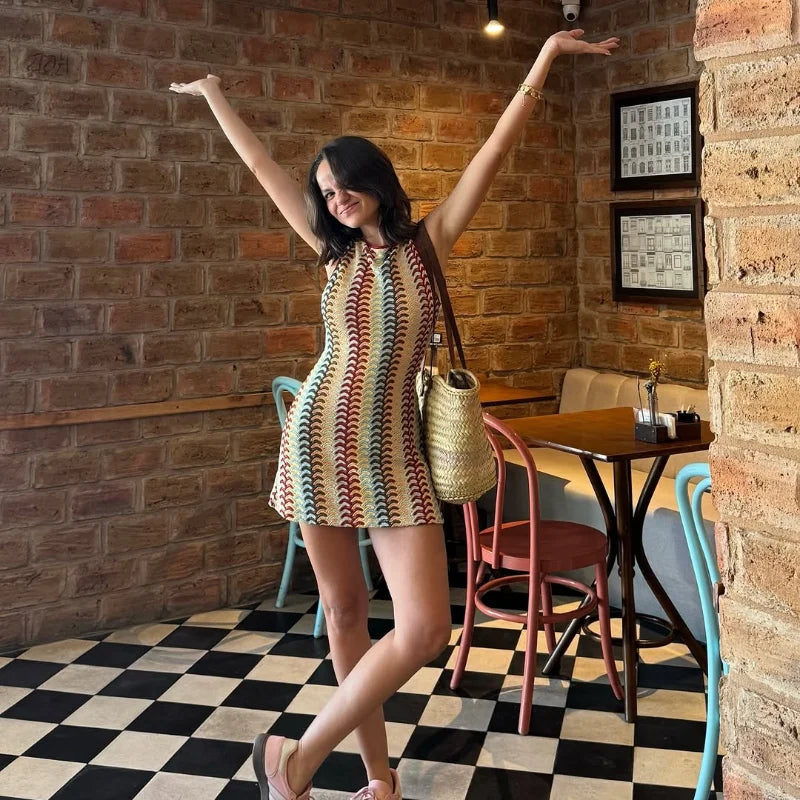 Irregular Printed Knitted Mini Dress For Women Chic Backless Slanted Shoulder Slim Fit Dresses 2025 Summer Holiday Beach Robes