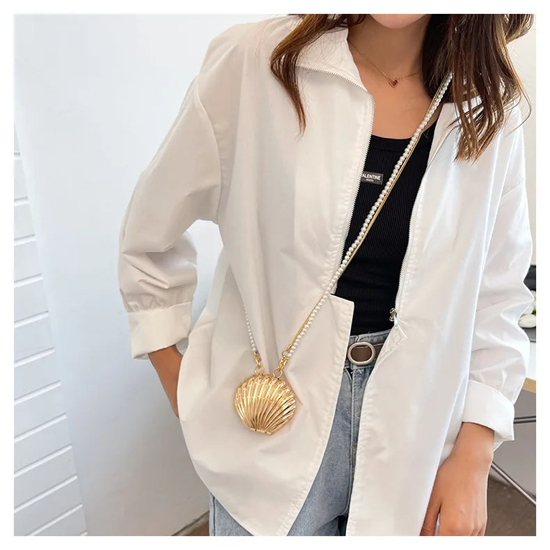 2025 New Summer Lipstick Bags for Women Fashion Pearl Mini Purse Crossbody Bag High Quality Gold Shell Bag Designer Shoulder Bag