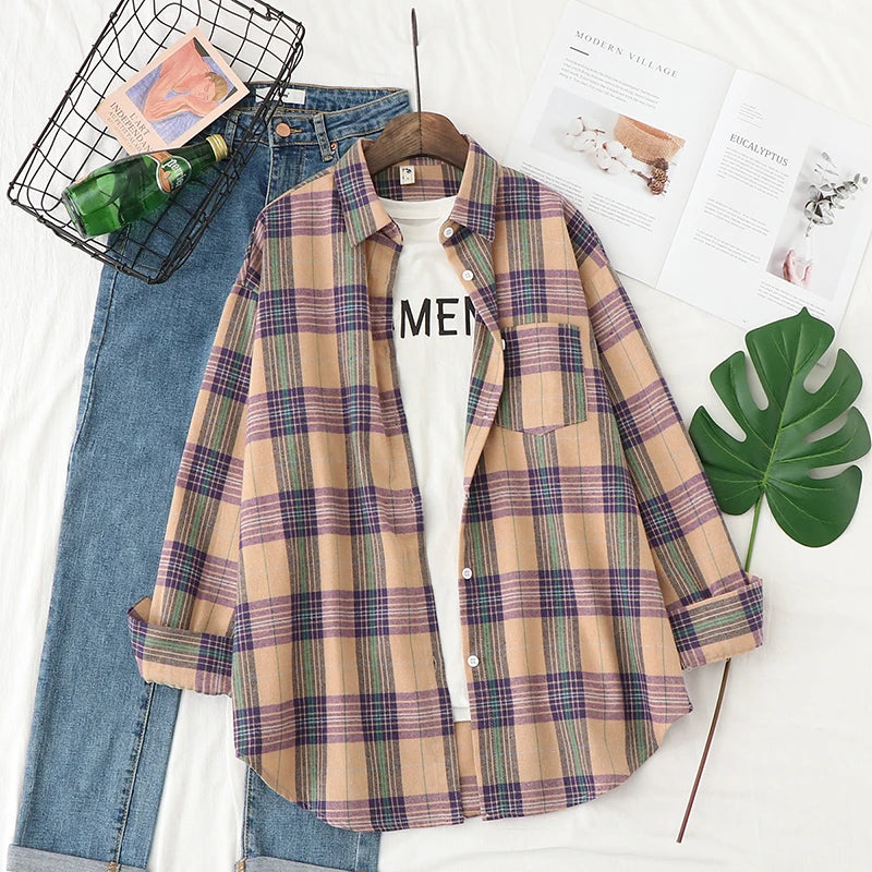 2025 New Fashion Loose Womens Plaid Shirt Fresh College Style Design Blouses And Tops Long Sleeve Casual Female Checked Clothes