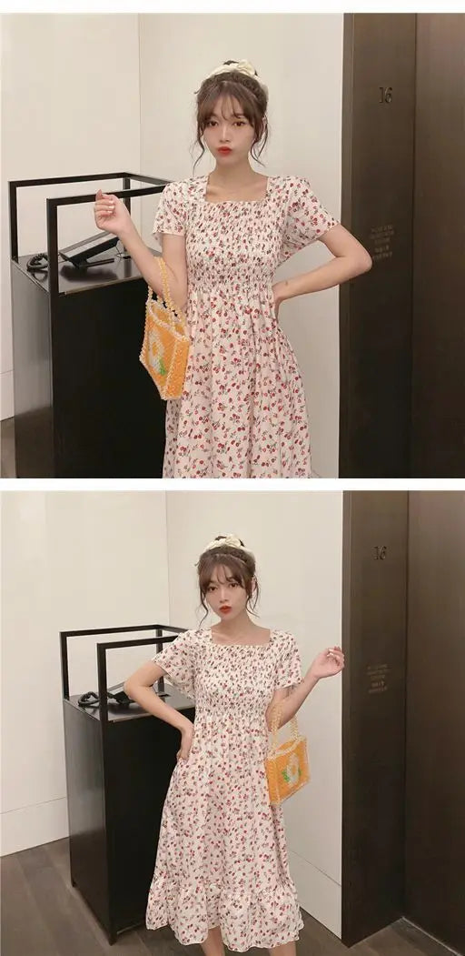 2025 New Spring Summer Dress Women Mini Dresses Female Short Sleeve Elastic Bust Printed Floral Pleated Backless Casual Dress
