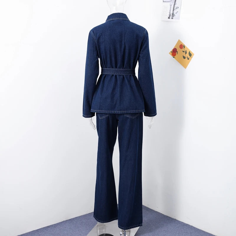 Women Two Pieces Set Denim Pant Sets Single Breasted Long Sleeve Belt Coat Wide Leg Trousers Jeans Female 2 Pieces Outfits