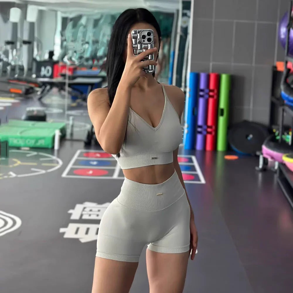 2 Pcs Yoga Sets Women High Waist Workout Outfits Gym Wear Gym Clothing Sports Suits Fitness Tracksuit Sportswear Shorts Suit