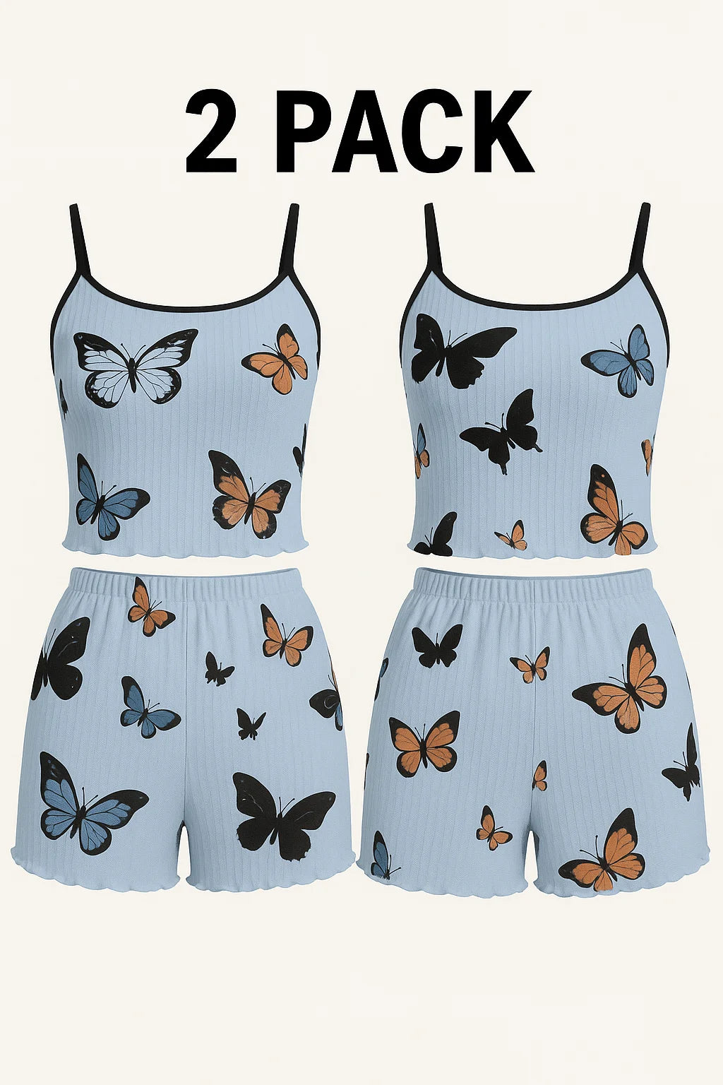Butterfly Print Pajama Set Lettuce Trim Cami Top Elastic Waistband Shorts Women Sleepwear Loungewear