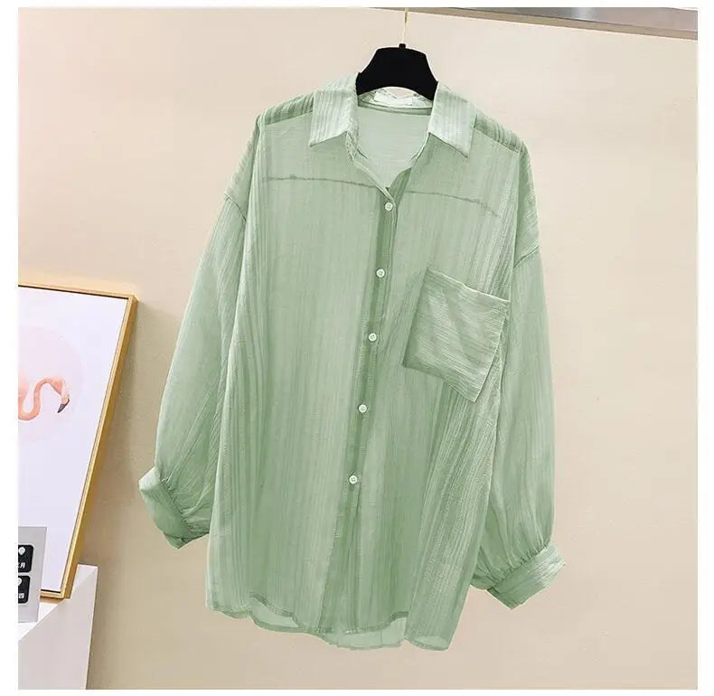 Summer sunscreen chiffon blouse Korean Harajuku style loose casual women's cardigan elegantly perforated top sheer fashionable