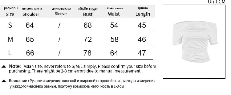 Summer New T-shirt Women Sexy Short Sleeve Fashion Tees Slash Neck Folds Crop Top Casual Streetwear Bodycon Solid Basic T-shirts