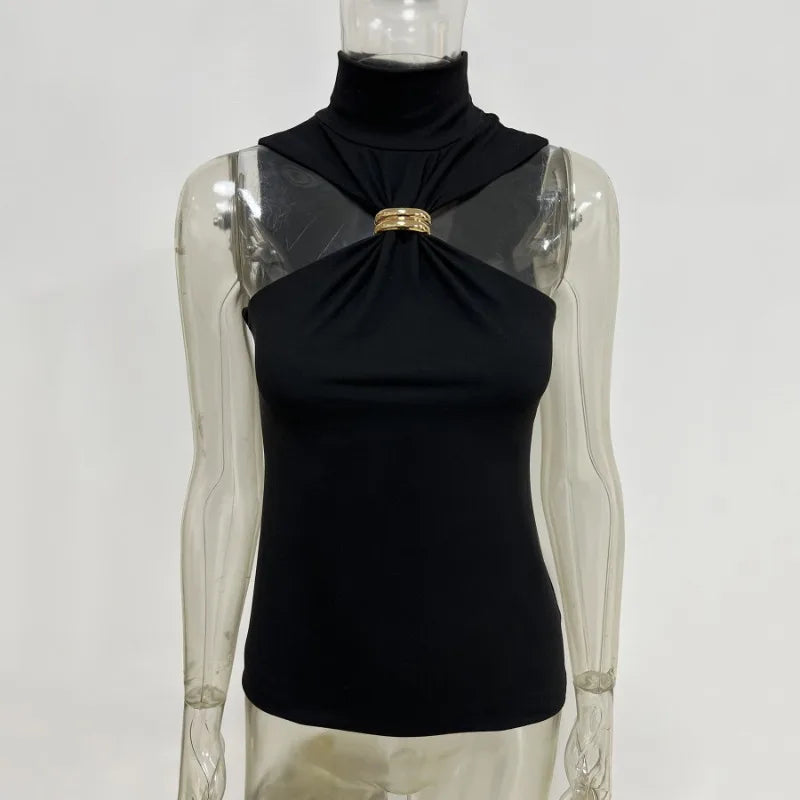 Trendix Fashion Metal Ring Tank Top Women 2025 Summer Y2k Solid Sleeveless Patchwork Tops Ladies Vacation Slim Party Elegant Top