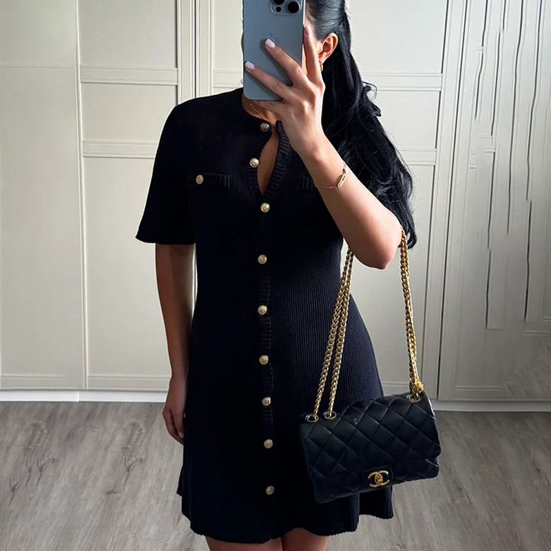 White Elegant Knitted Mini Dress For Women Metal Button Sexy Slim Rib Sweater Dress Holiday Party Outfits Autumn 2024 New