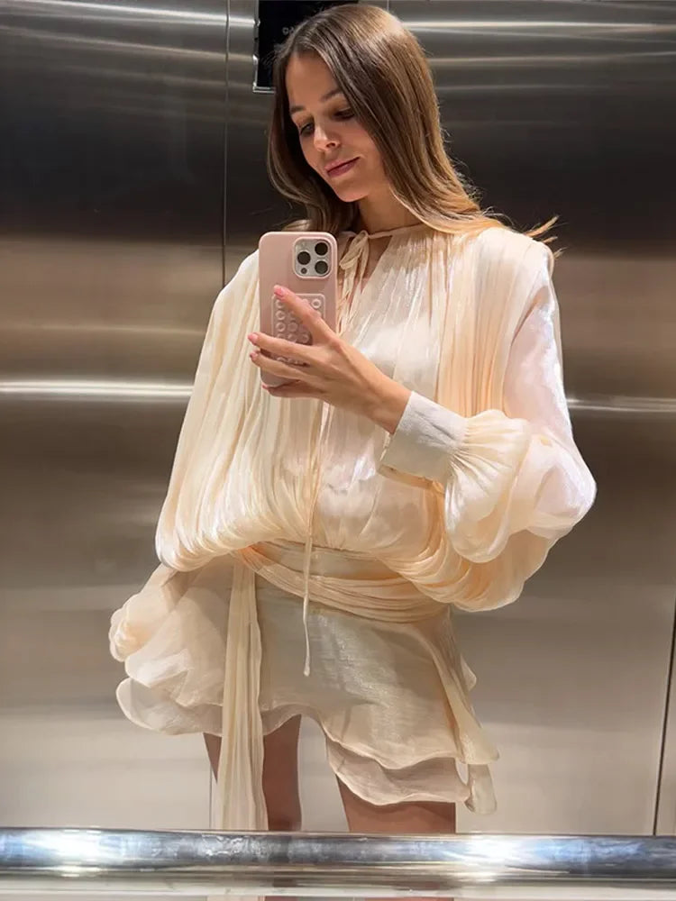Elegant Ruffles Shiny Mini Dresses Fashion Solid Long Sleeve Lace Up V Neck Pleated Dress New Summer Party Women's Vestidos 2025