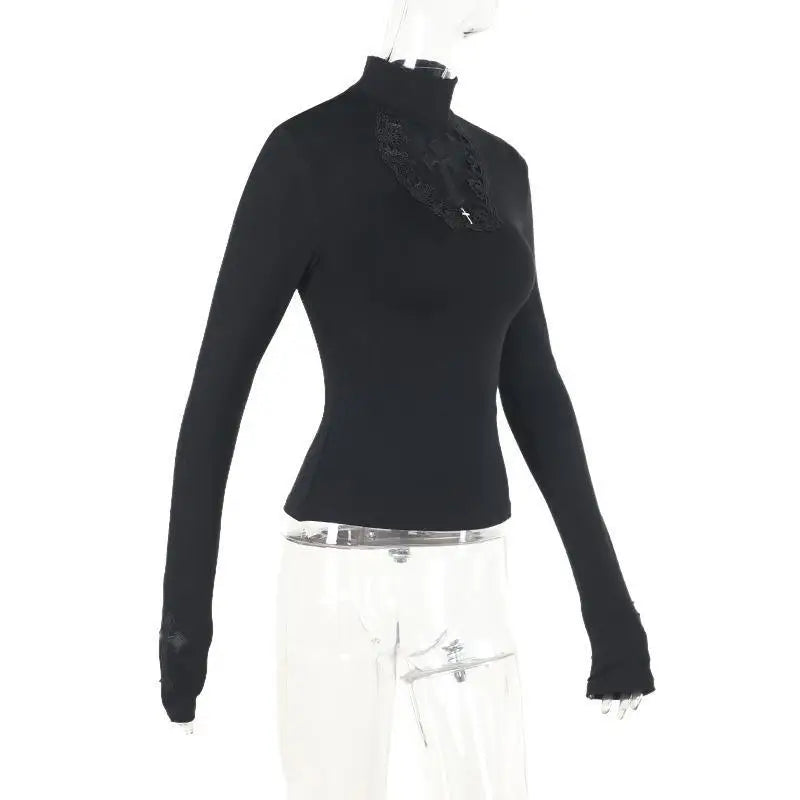 Turtleneck Top Y2k Clothes Black Gothic Cross Hollow Slimming Bottom T Shirt for Women Long Sleeve Sexy T-shirt Girls Tops