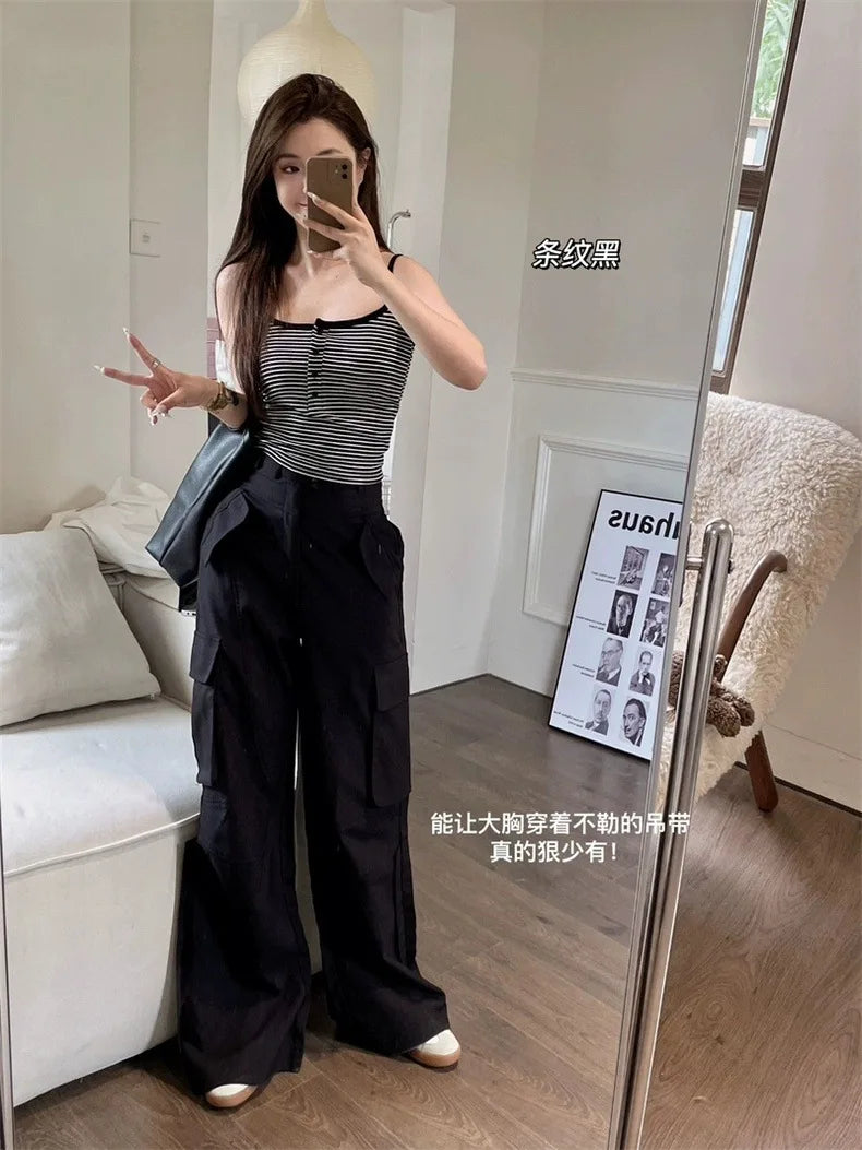 White Stripe Small Cami Women Autumn Gyaru Sexy Button Slim fit Short With Chest Pad Top NS5861
