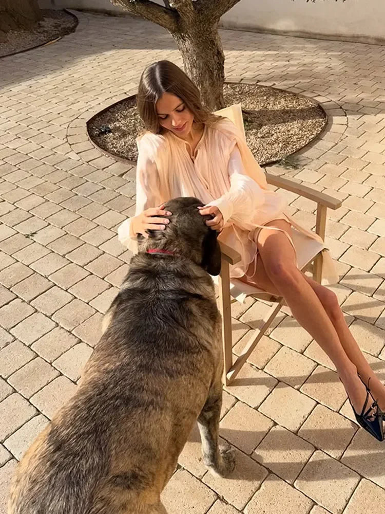 Elegant Ruffles Shiny Mini Dresses Fashion Solid Long Sleeve Lace Up V Neck Pleated Dress New Summer Party Women's Vestidos 2025