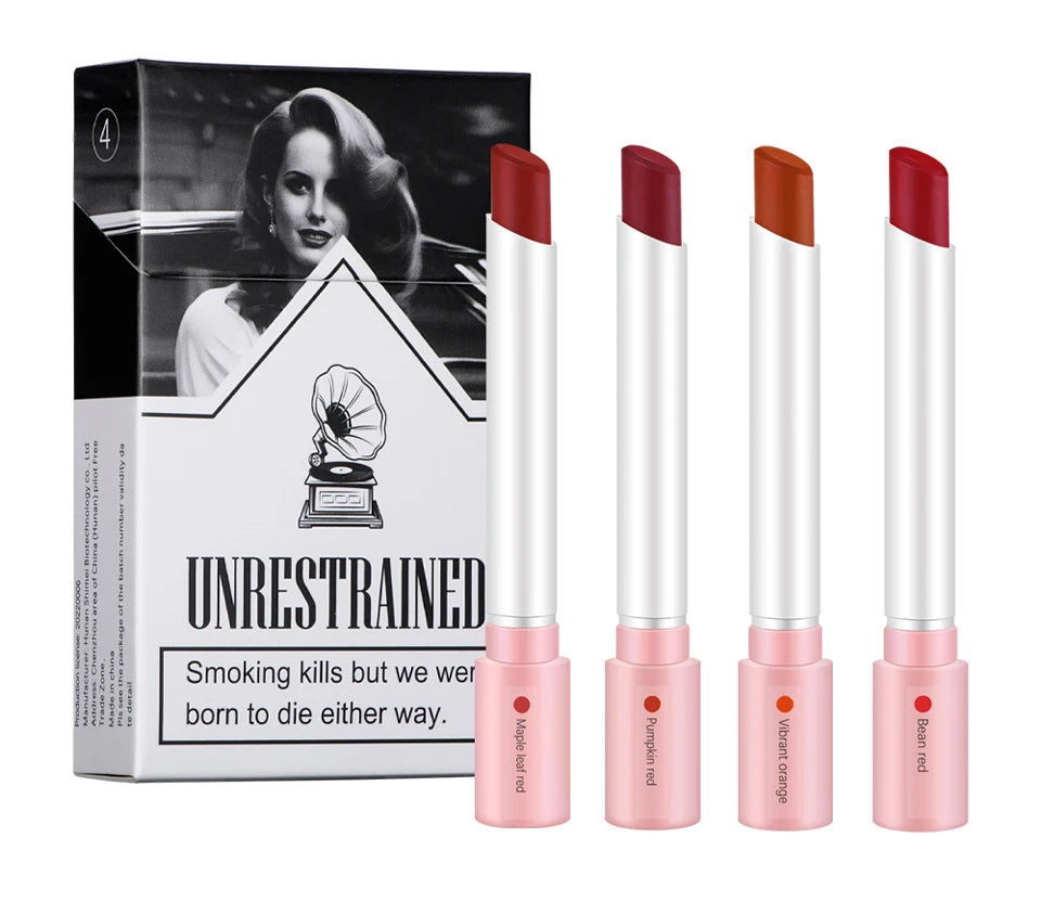 4 pcs/set Cigarette Lipstick Set Long Lasting Lip Glaze Matte Lip Gloss Waterproof Lip Stick Tube Nude Lip Tint Makeup Cosmetics