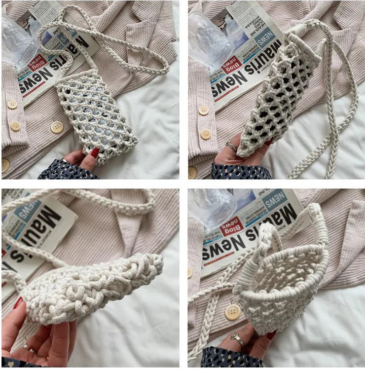 Women Fashion Small Crossbody Phone Bag Solid Color Hollow-out Woven Crochet Lightweight Braided Shoulder Handbag Crossbody Bags
