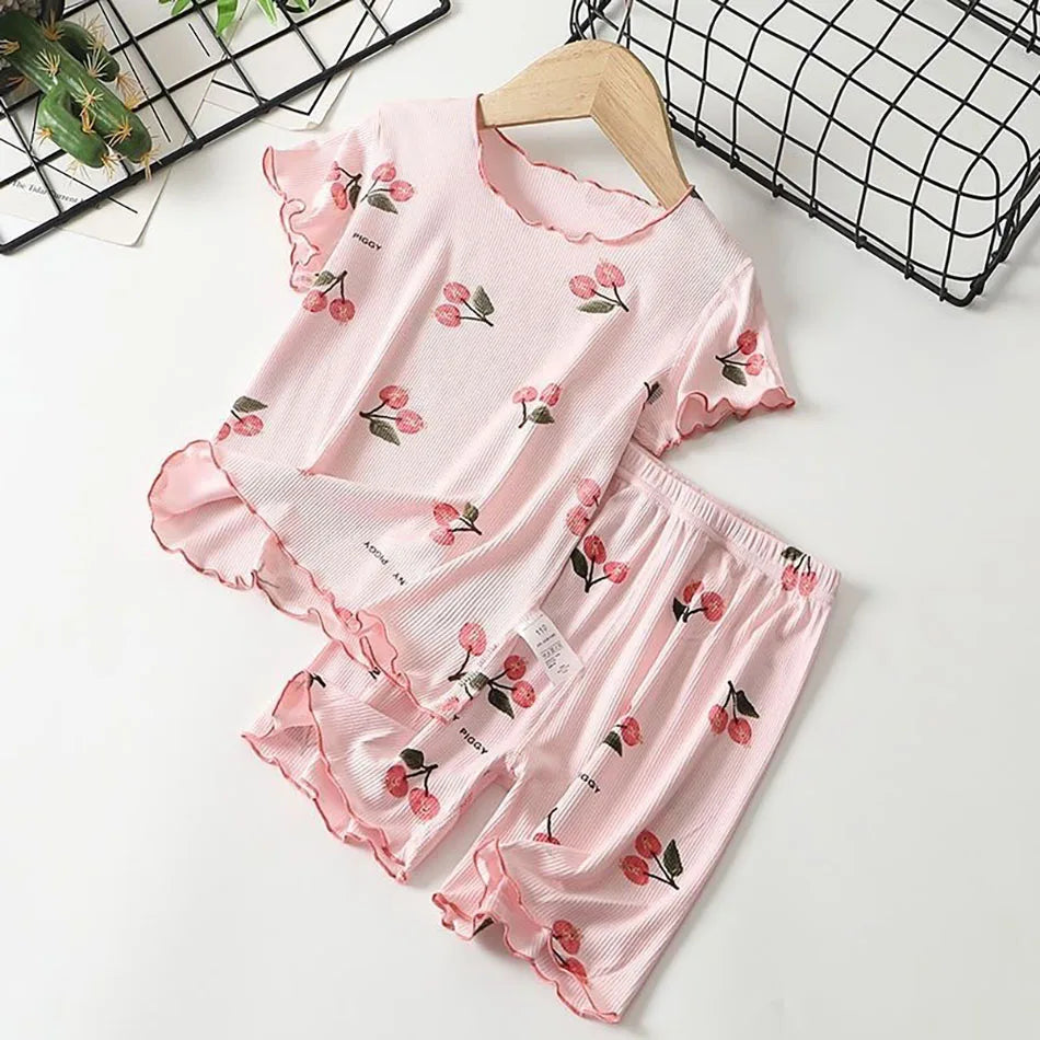 Girls Summer Pajama Set Cherry Blossom Print 4-Way Stretch Shorts & Tee Breathable Modal Blend for Bedtime and Playtime for 1-8Y