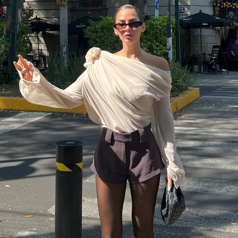 WhereMery Sexy Irregular Oblique-neck Flower Applique T Shirt Summer Off Shoulder Fashion Long Sleeve Crop Tops Street Mesh Tees