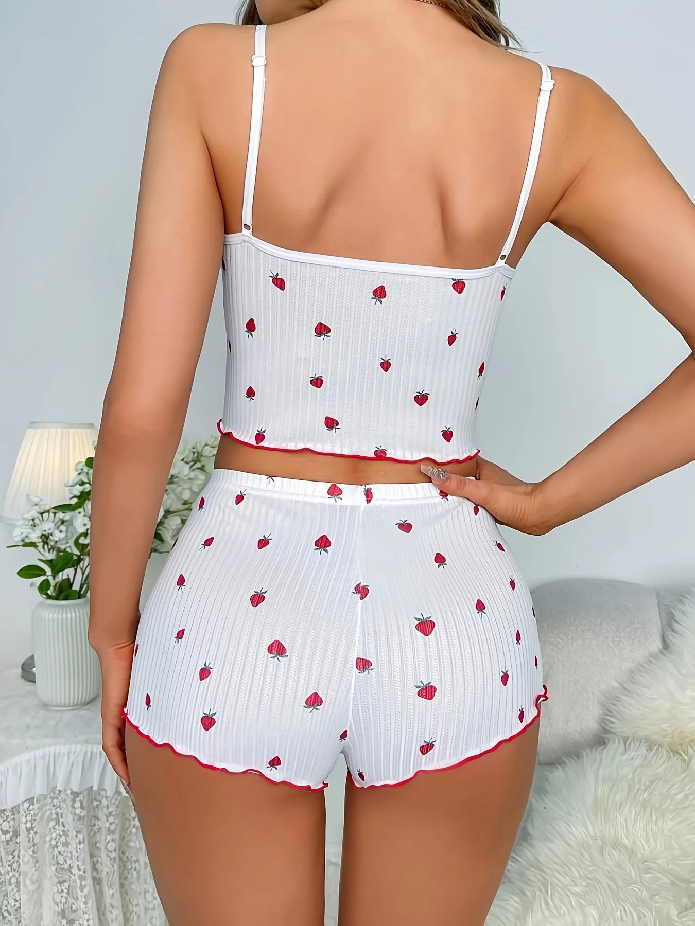 Women's Summer Lace Trim Sleeveless Pajamas Set Strawberry Print Camisole Short Shorts Sexy Sleepwear Cute Two-Piece Nightwear