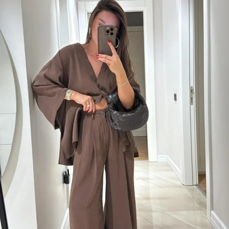 Women Classic Solid Wide Leg Pants Suits Summer Fashion V-neck One Button Loose Blouse Sets Casual Female Daily Streetwear 2025