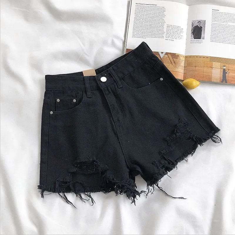 Y2K Vintage Tassel Denim Shorts Fashion Women High Waist Ripped Pocket Korean Jeans Casual Streetwear Blue Solid Hot Trousers