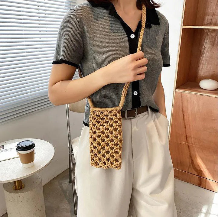 Women Fashion Small Crossbody Phone Bag Solid Color Hollow-out Woven Crochet Lightweight Braided Shoulder Handbag Crossbody Bags
