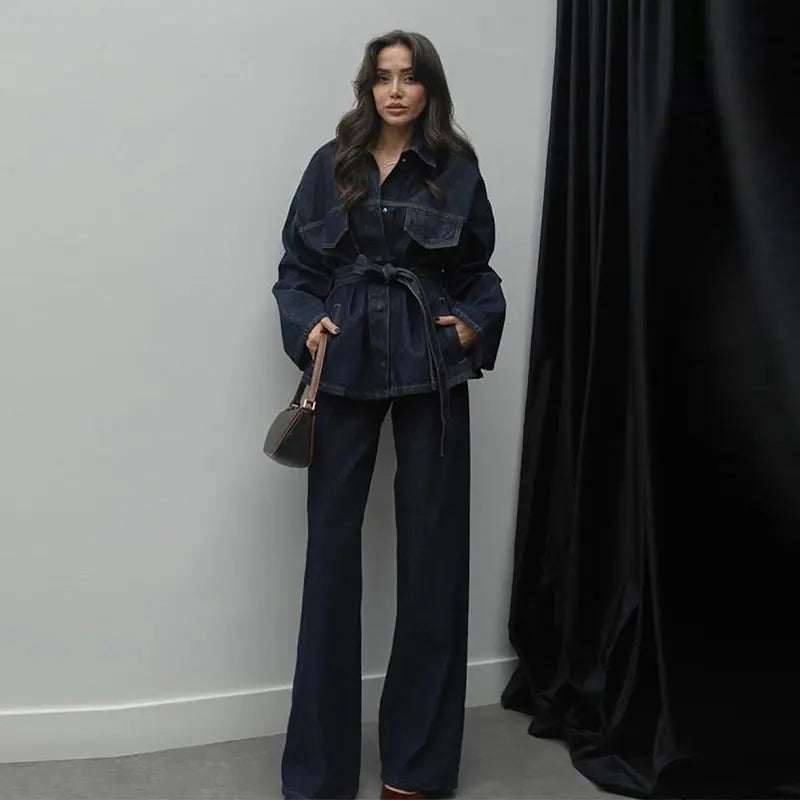 Women Two Pieces Set Denim Pant Sets Single Breasted Long Sleeve Belt Coat Wide Leg Trousers Jeans Female 2 Pieces Outfits