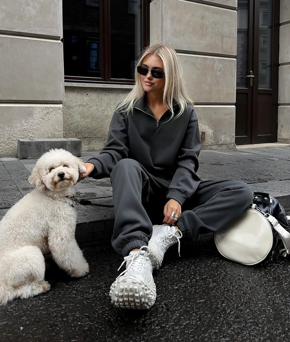 Autumn Women's Tracksuit with Zipper Cotton Oversize White Casual Two Piece Set Women Classic Sports Trouser Suits for Women