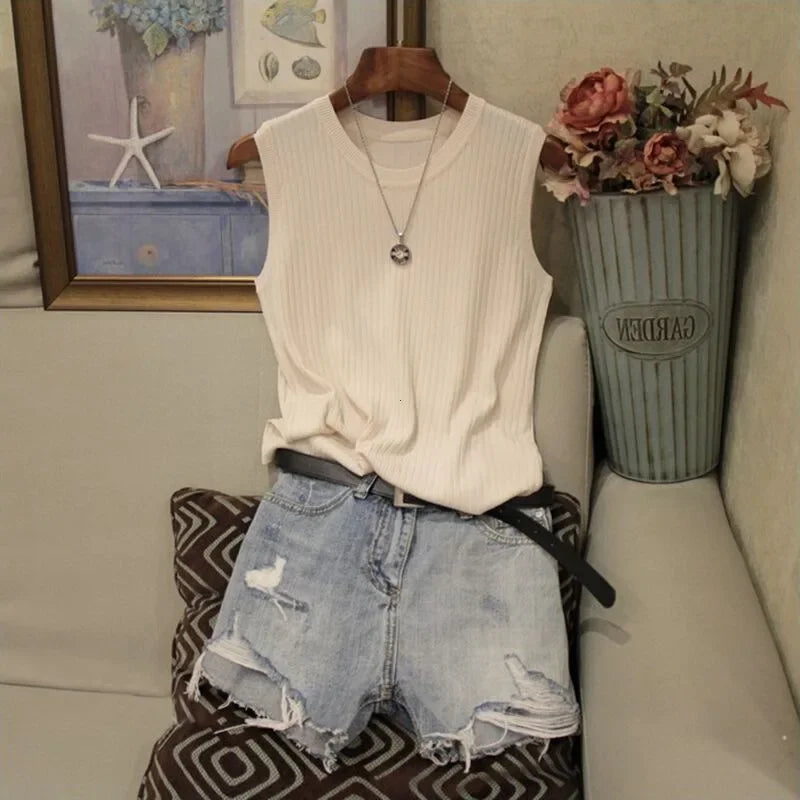 Korea Knitted Vests Women Top Summer Sleeveless Blouse Women O-neck Knitted Blouse Shirt Clothes Women Tops