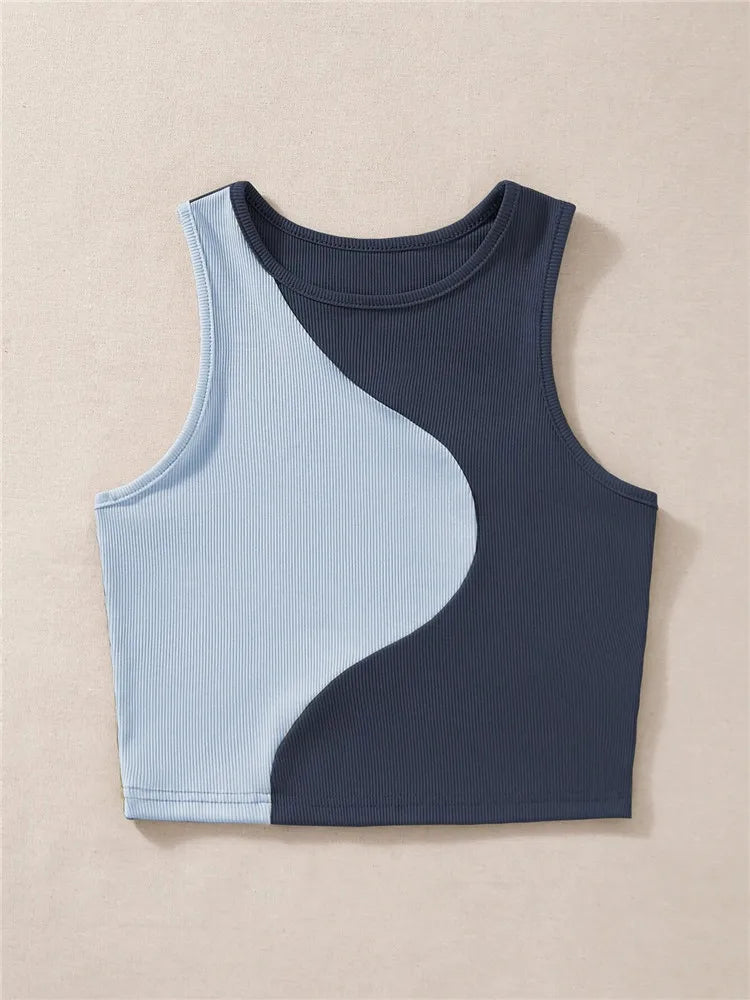 High Street Style Patchwork Rib Knit Sleeveless Crop Top Women Summer Y2K Clothes Korean Fashion Tank Top Tee Streetwear 2023